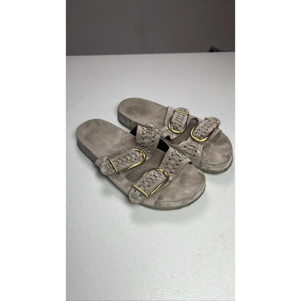 Veronica Beard Paige Buckle Slide Sandals Suede Woven Taupe Women's Size 6.5M